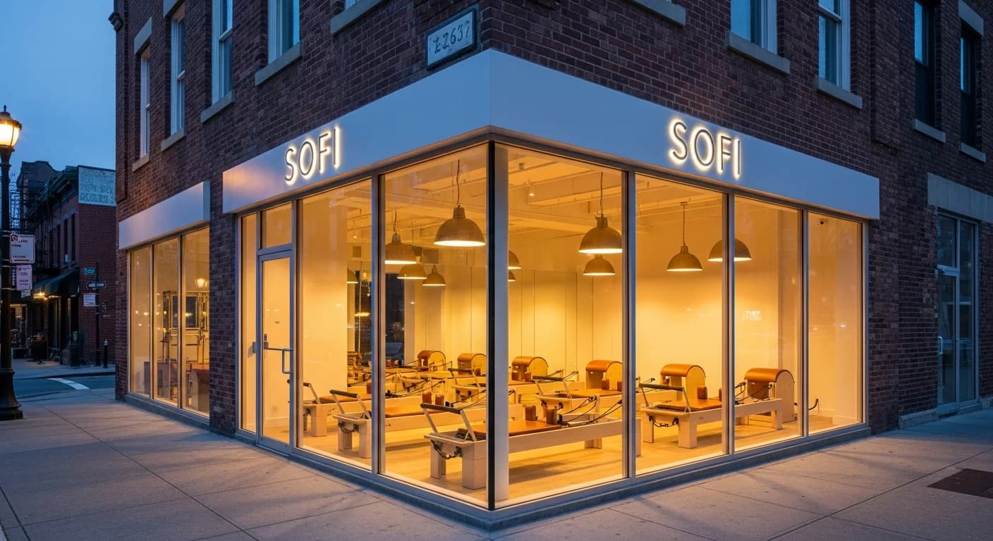 SOFI Pilates storefront at dusk with warm interior light glowing through the windows