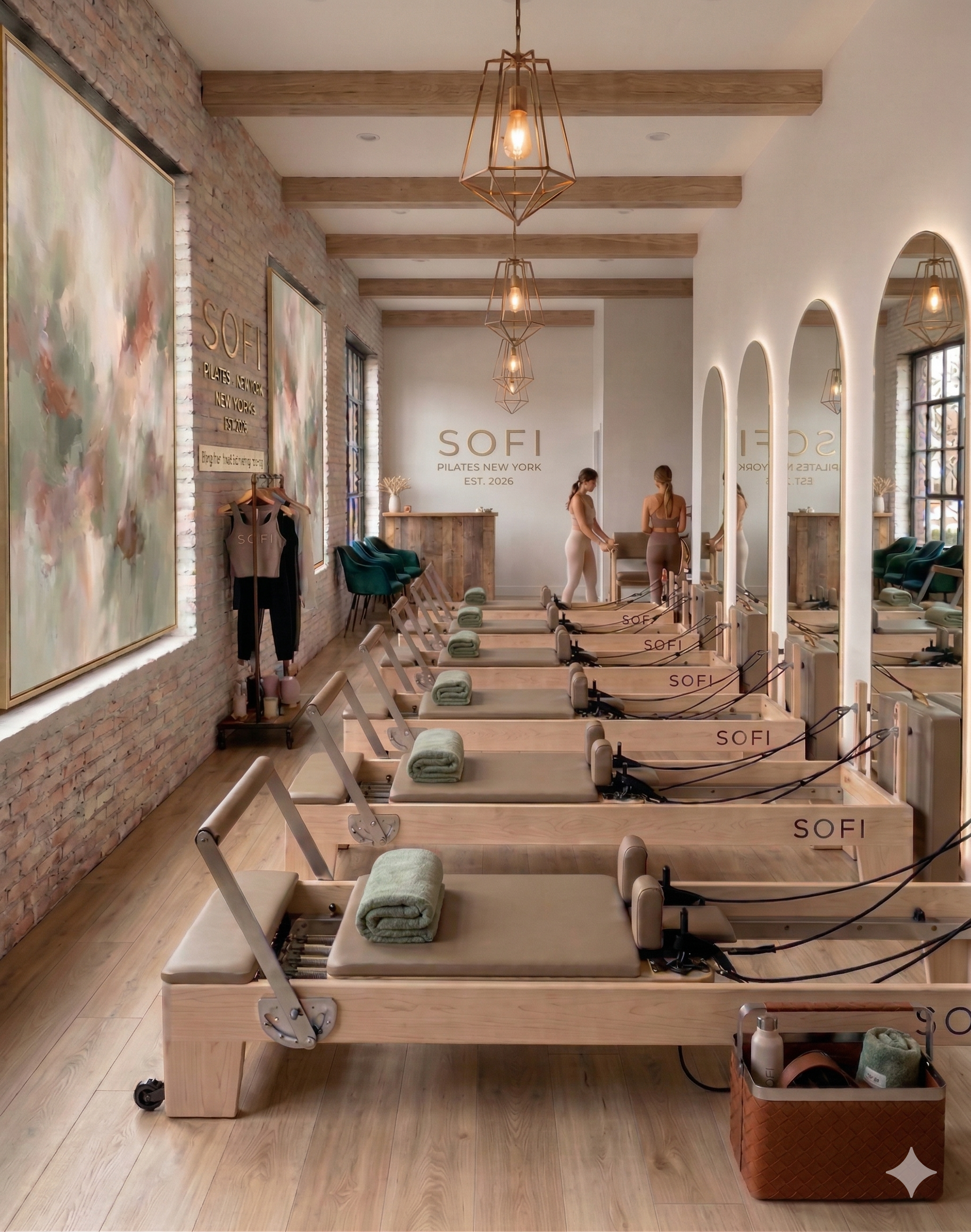 SOFI Pilates studio interior -- arched mirrors, hard maple reformers, warm plaster walls